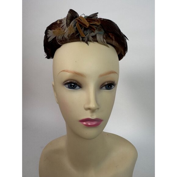 Vintage Feathered Fascinator Hat Brown & Beige Woven Design Womens Accessory Ele - Picture 4 of 14